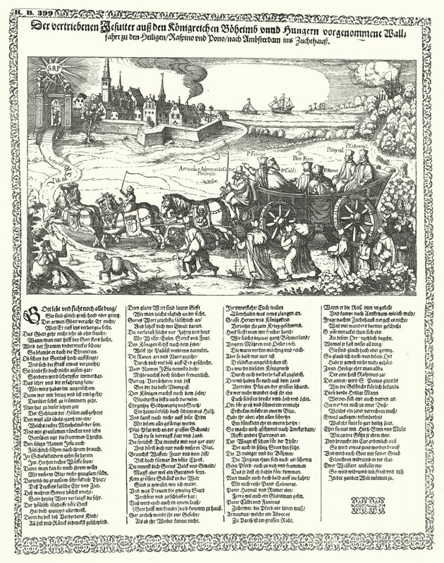 Tegneserie, der skildrer jesuitter drevet ud af Bøhmen og Ungarn i 1620 ved begyndelsen af 30-års krigen (gravering) af German School