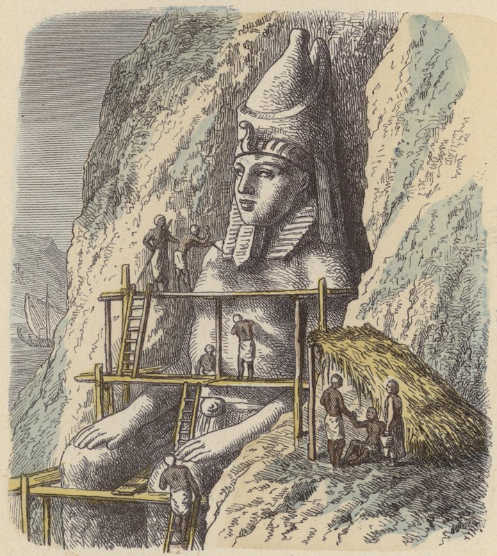 Udskæring af en statue af en gammel egyptisk farao ud af en klippeflade (farvet indgravering) af German School