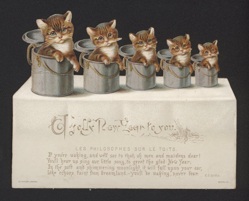 Katte i spande, nytårs lykønskningskort (chromolitho) af German School