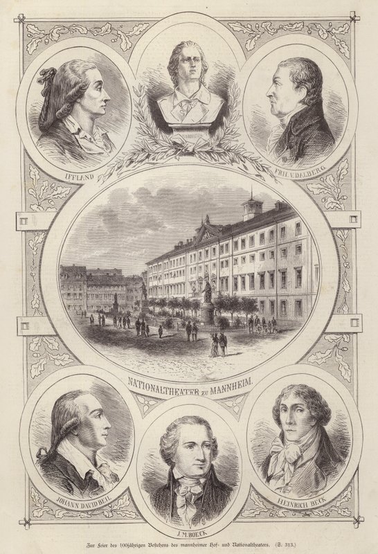 Hundredårsdagen for domstolen og nationalteatrene, Mannheim, Tyskland (gravering) af German School