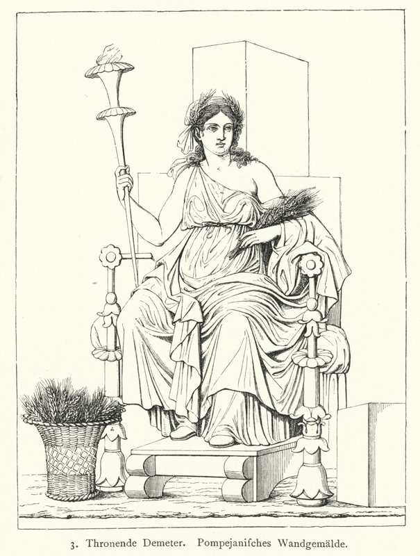 Ceres, romersk høstgudinde, tronende, vægmaleri fra Pompeji (gravering) af German School