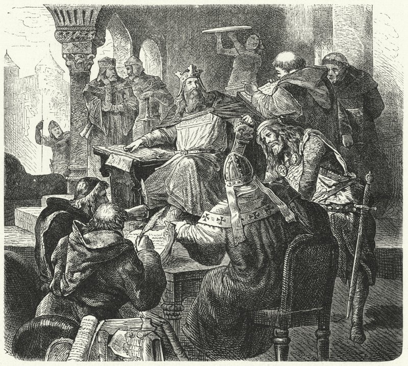 Karl den Store rådfører sig med lærde og præster (gravering) af German School