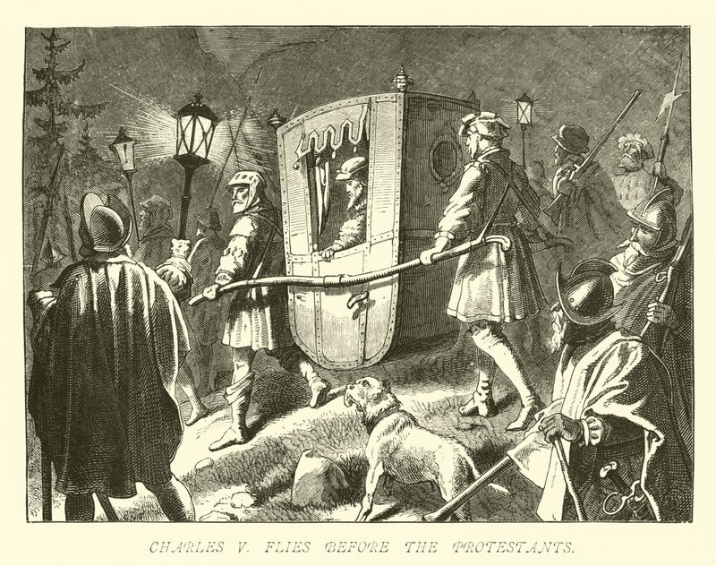 Charles V flyver foran protestanterne af German School