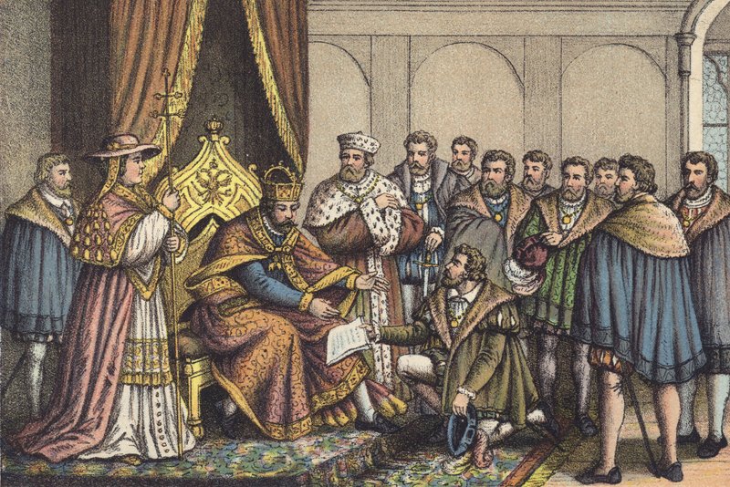 Christian Bayer læser Den Augsburgske Bekendelse (chromolitho) af German School