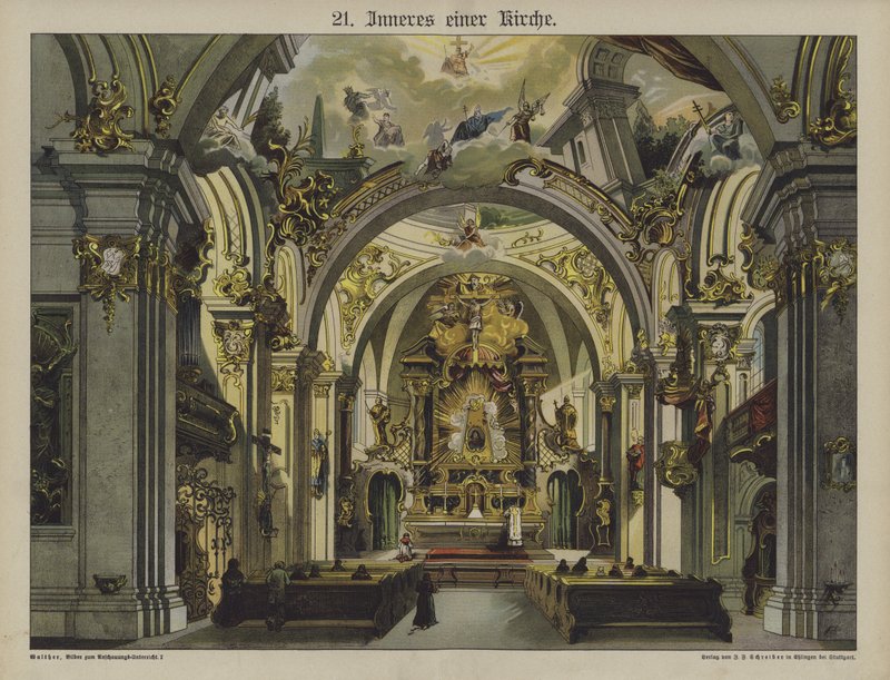 Kirkens interiør (farve litho) af German School