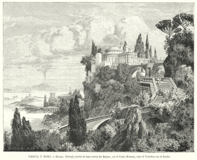 Kystlinje af Napoli-bugten fra den antikke romerske by Baiae, Cape Miseno, med Vesuv i det fjerne (litho) af German School