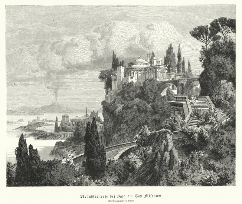 Kystlinje af Napoli-bugten fra den antikke romerske by Baiae, Cape Miseno, med Vesuv i det fjerne (gravering) af German School