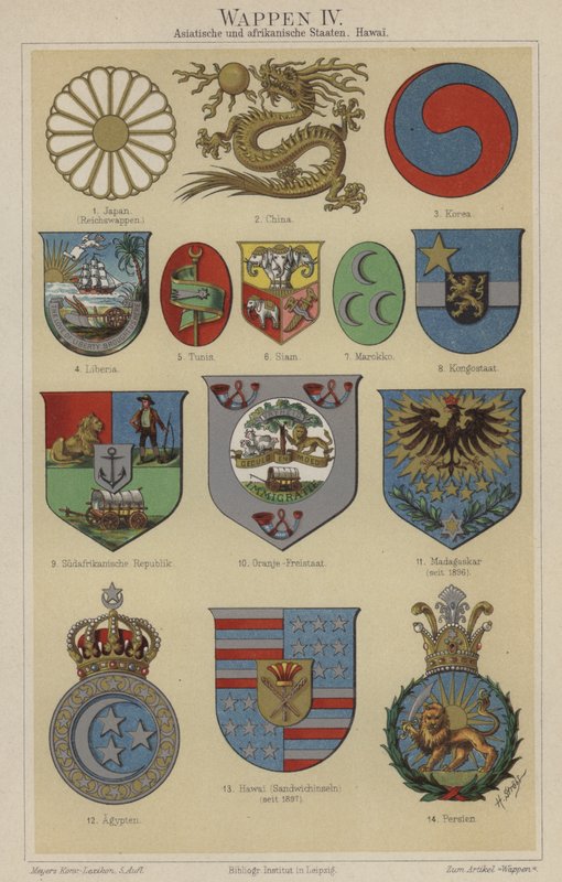 Våbenskjolde fra Hawaii og landene i Asien og Afrika (farve litho) af German School