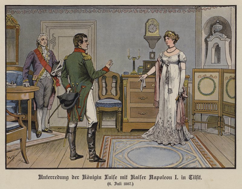 Samtale mellem dronning Louise af Preussen og kejser Napoleon I i Tilsit, 6. juli 1807 (farve litho) af German School