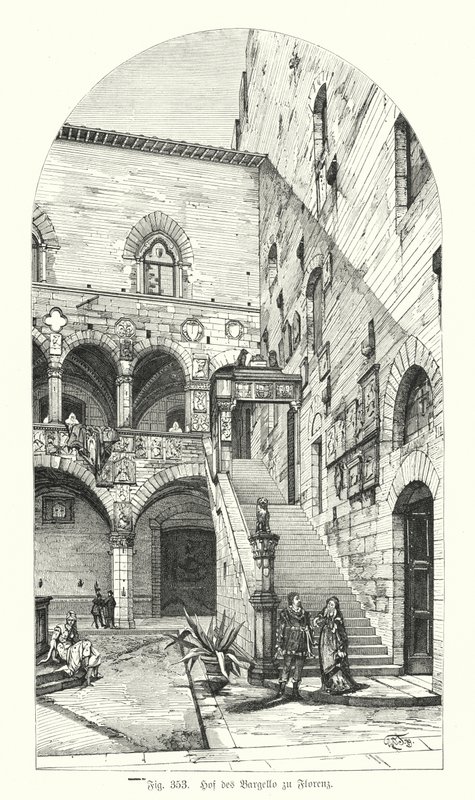 Gården til Bargello, Firenze, Italien (gravering) af German School