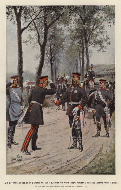 Kronprins Frederik af Tyskland tildeler feltmarskal Helmuth von Moltke jernkorset på vegne af sin far, kejser Wilhelm I (farve litho) af German School