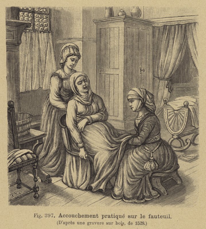 At føde en baby med moderen siddende på en fødestol, 1500-tallet af German School