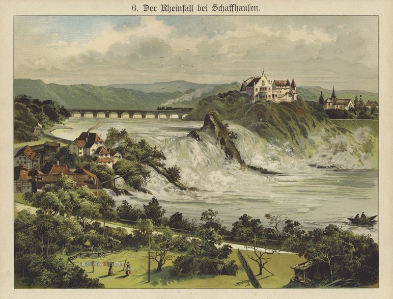 Rhinfaldene nær Schaffhausen (farve litho) af German School