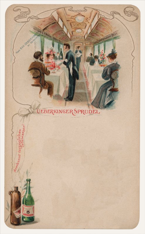 Spisevogn på et tog, reklame for Ueberkinger Sprudel bordvand (chromolitho) af German School