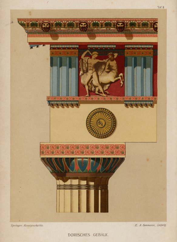 Dorisk entablatur, gammel græsk arkitektur (farve litho) af German School