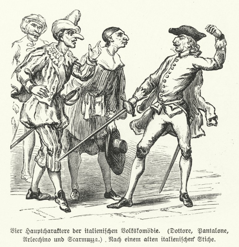 Doctor, Pantalone, Arlecchino og Scaramuccia, fire karakterer fra Commedia dell