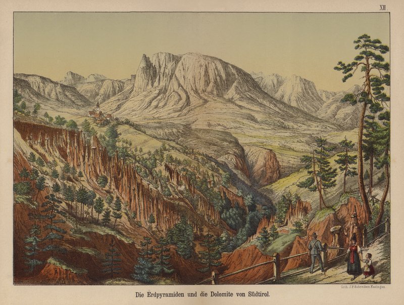 Jordpyramider og Dolomitbjergene, Sydtyrol (farve litho) af German School
