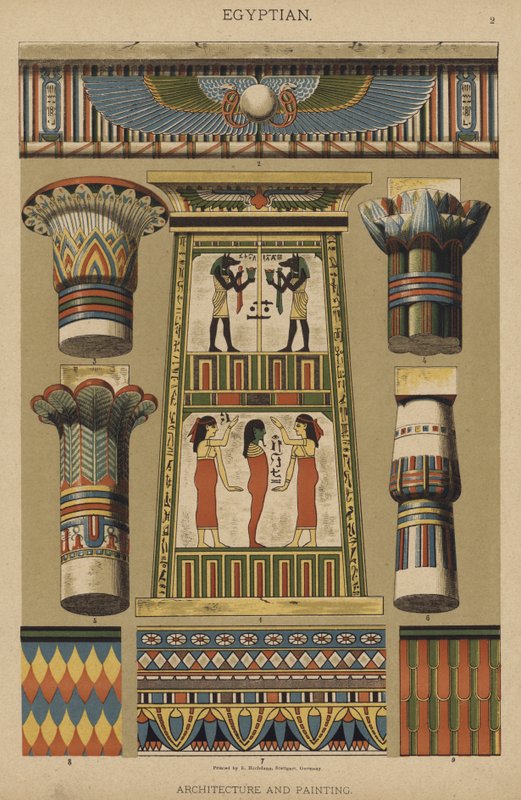 Egyptisk, arkitektur og maleri (farve litho) af German School