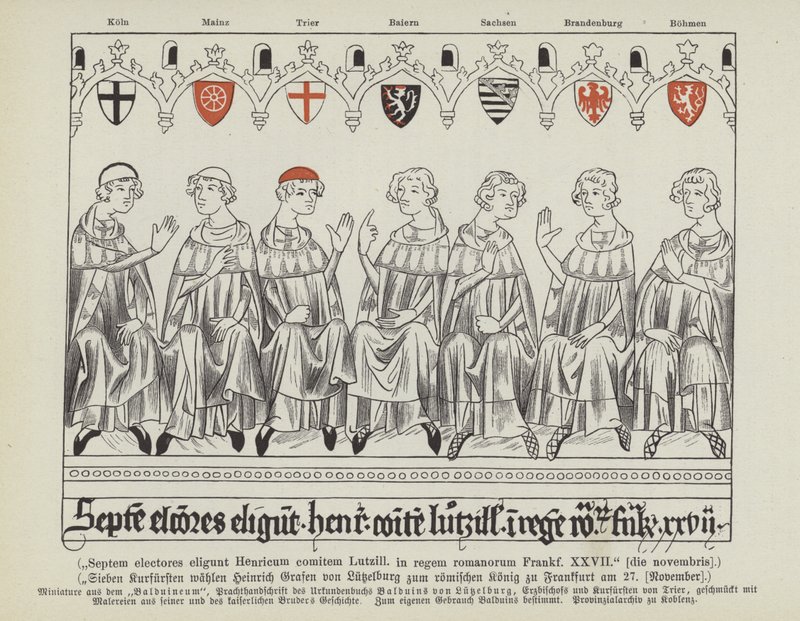 Valg af Henrik VII af Luxembourg som hellig romersk kejser, Frankfurt, 27. november 1308 (farve litho) af German School