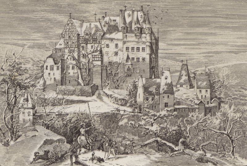 Eltz Slot, i bakkerne over Mosel-floden, Tyskland, som det så ud i slutningen af det 16. århundrede (litho) af German School