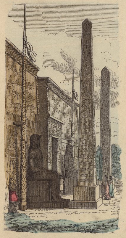 Indgang til et gammelt egyptisk paladsetempel (farvet indgravering) af German School
