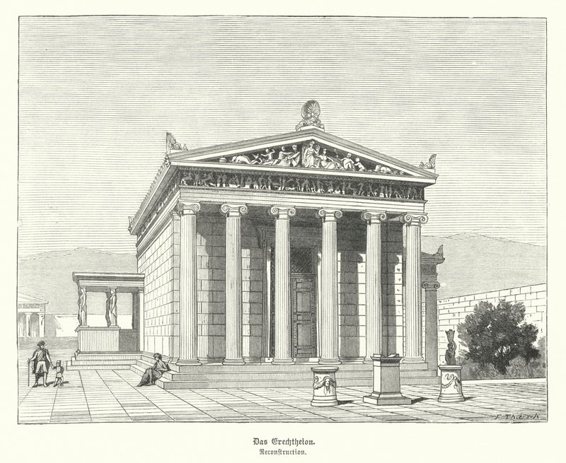 Erectheion, tempel dedikeret til Athena og Poseidon på Akropolis, Athen, Antikkens Grækenland (gravering) af German School