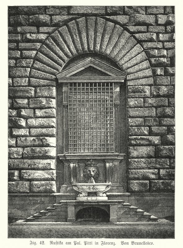 Eksempel på rustificering af Filippo Brunelleschi, Palazzo Pitti, Firenze, Italien (gravering) af German School