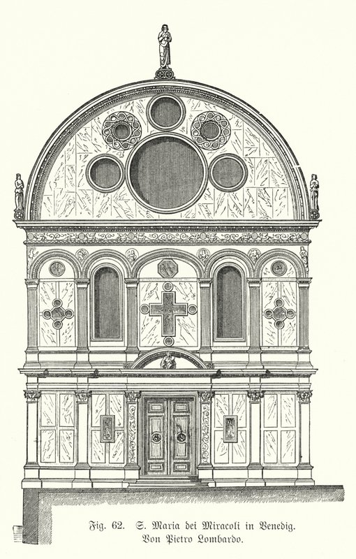 Fasade af kirken Santa Maria Dei Miracoli, designet af Pietro Lombardo, Venedig, Italien (gravering) af German School