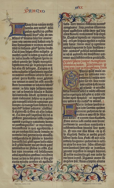 Faksimile af Johannes Gutenbergs 42-linjers latinske bibel fra 1455 (farve litho) af German School
