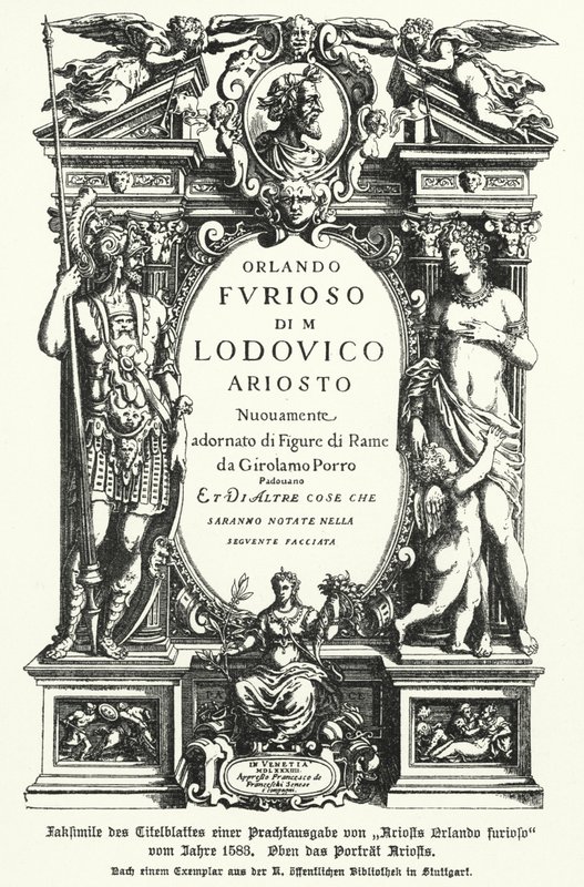 Faksimile af titelbladet på en udgave fra 1583 af den italienske digter Ludovico Ariostos epos Orlando Furioso (fotos) af German School