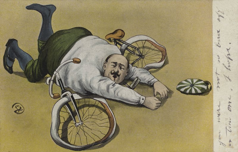 Fed mand, faldet af sin cykel (farve litho) af German School