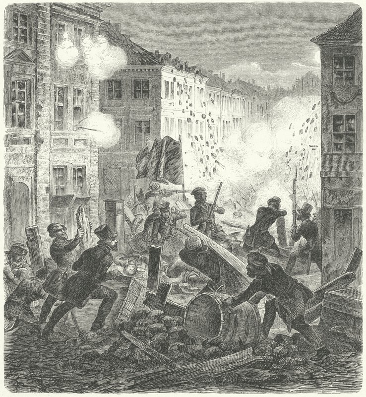 Kamp ved en barrikade foran rådhuset i Colln, Berlin, revolutionen i 1848 (gravering) af German School