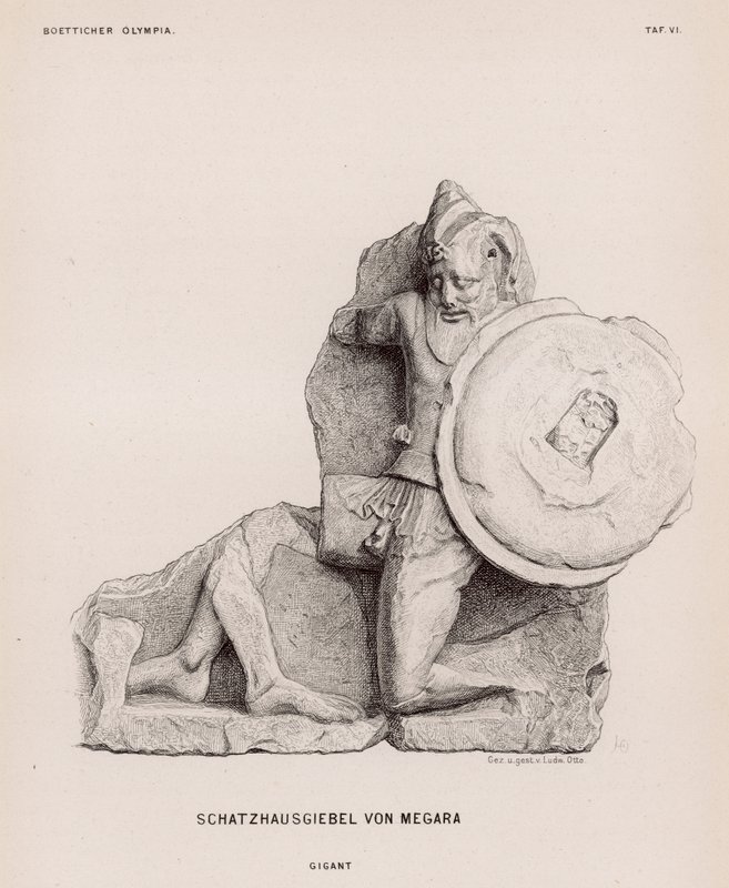 Figur af en kæmpe fra frontonen af statskassen i Megara, Olympia, Grækenland (gravering) af German School