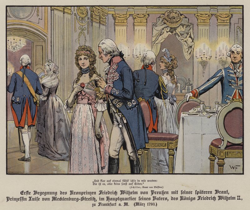 Første møde mellem kronprins Frederik Vilhelm af Preussen og hans kommende brud, prinsesse Louise af Mecklenburg-Strelitz i hans fars, kong Frederik Vilhelm II, hovedkvarter i Frankfurt af German School