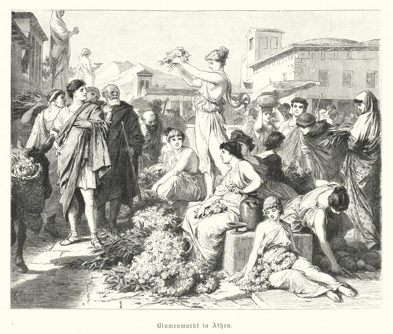 Blomstermarked i Athen, det antikke Grækenland (gravering) af German School