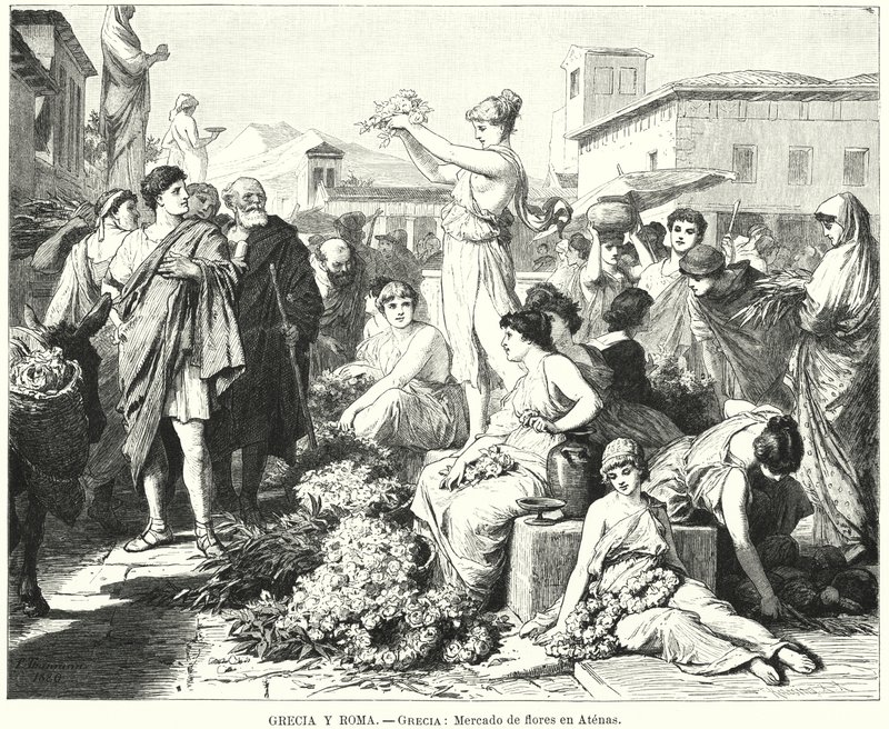 Blomstermarked i Athen, det antikke Grækenland (litho) af German School