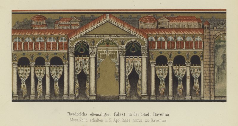 Tidligere palads af Theoderik den Store, østgoternes konge, i Ravenna, Italien (farve litho) af German School