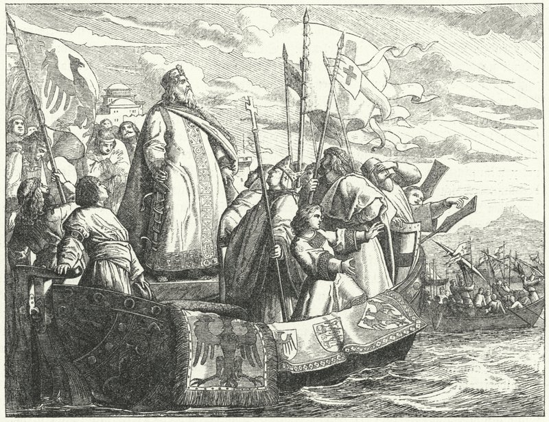Frederick Barbarossa og hans hær krydser Bosporus på det tredje korstog af German School