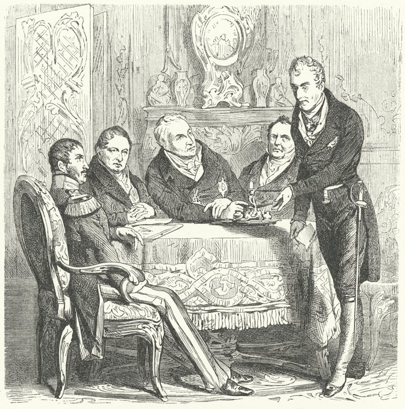 Frederik Vilhelm III af Preussen i diskussioner med sin premierminister, Karl August von Hardenberg og Klemens von Metternich, den østrigske udenrigsminister (stik) af German School