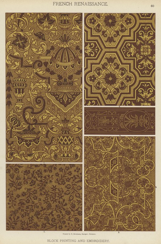 Fransk renæssance, bloktryk og broderi (farve litho) af German School