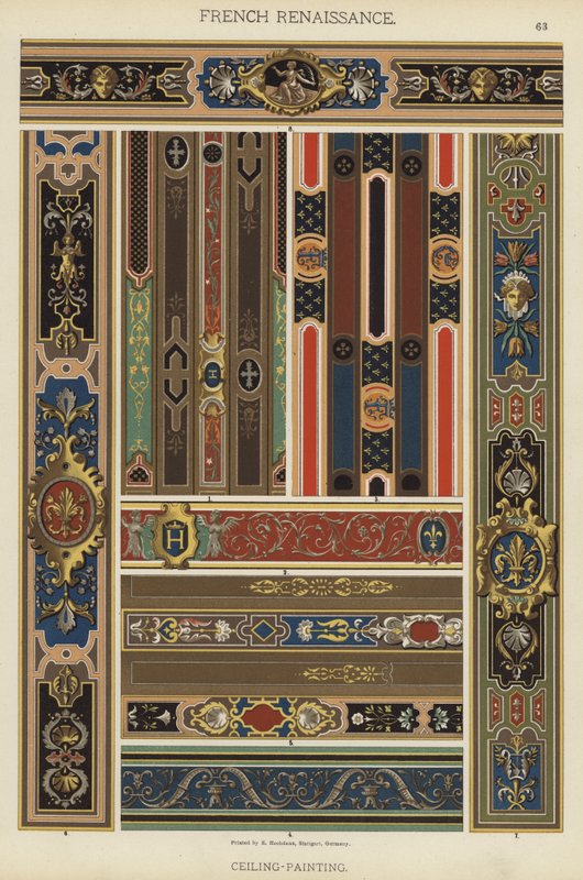 Fransk renæssance, loft-maleri (farve litho) af German School