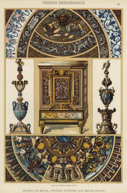 Fransk renæssance, emalje på metal, keramikmaleri og metal-mosaik (farve litho) af German School