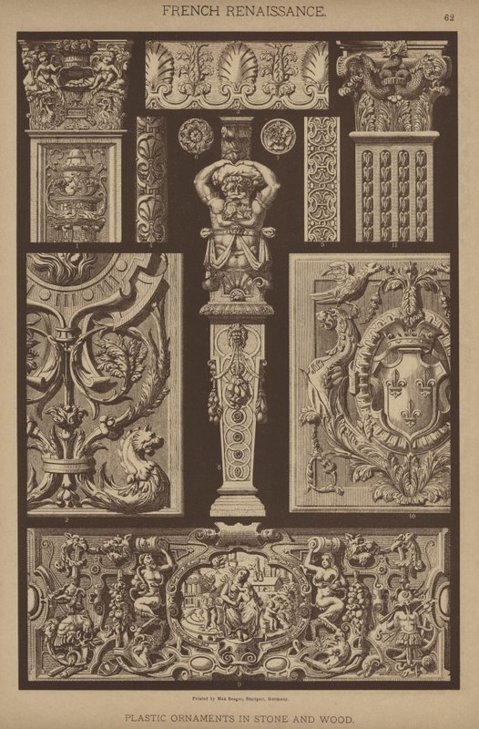 Fransk renæssance, plastik ornamenter i sten og træ (farve litho) af German School