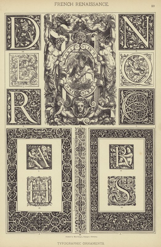 Fransk renæssance, typografiske ornamenter (farve litho) af German School