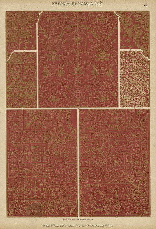 Fransk renæssance, vævning, broderi og bogomslag (farve litho) af German School