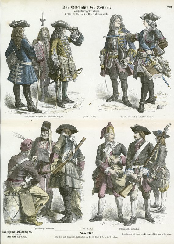 French and Austrian military uniforms, early 18th Century  af German School