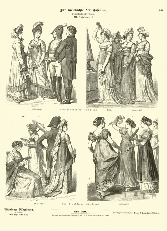 French and German costumes, early 19th Century  af German School