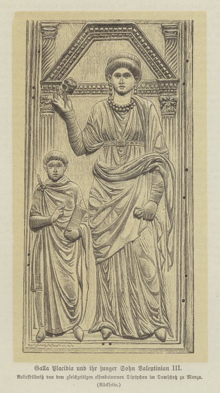 Galla Placidia, datter af den romerske kejser Theodisius I, og hendes søn, Valentinian III (stik) af German School