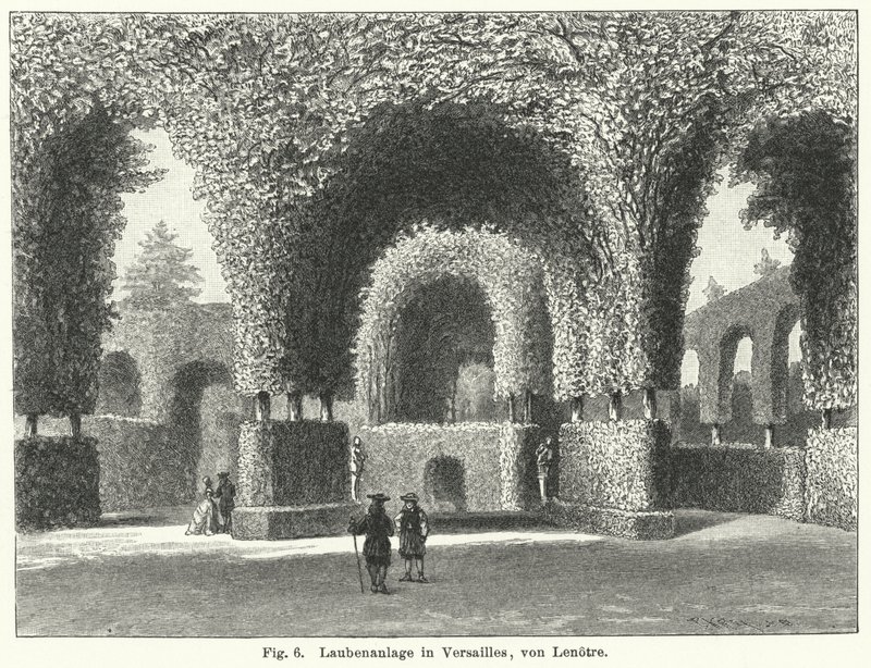 Havedesign: lysthuse i haverne i Versailles, Frankrig, anlagt af Andre le Notre i det 17. århundrede (gravering) af German School
