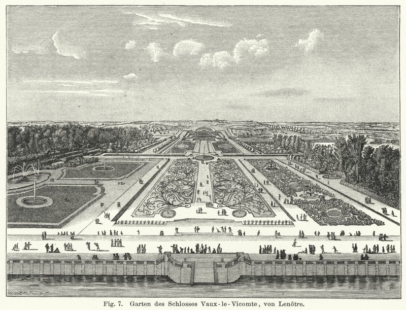Havedesign: haver i Chateau de Vaux-le-Vicomte, Maincy, Frankrig, anlagt af Andre le Notre i det 17. århundrede (gravering) af German School